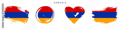 Armenia hand drawn grunge style flag icon set. Armenian banner in official colors. Free brush stroke shape, circle and heart-shaped. Flat vector illustration isolated on white.