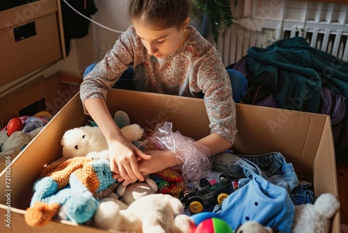 Teenager sorting and collect kid toys, clothes into boxes at home. Donations for charity, help low income families, declutter home, sell online, moving into new home, recycling, Generative AI