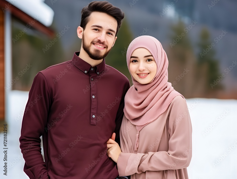 Portrait of muslim couple embracing each other and looking at camera
