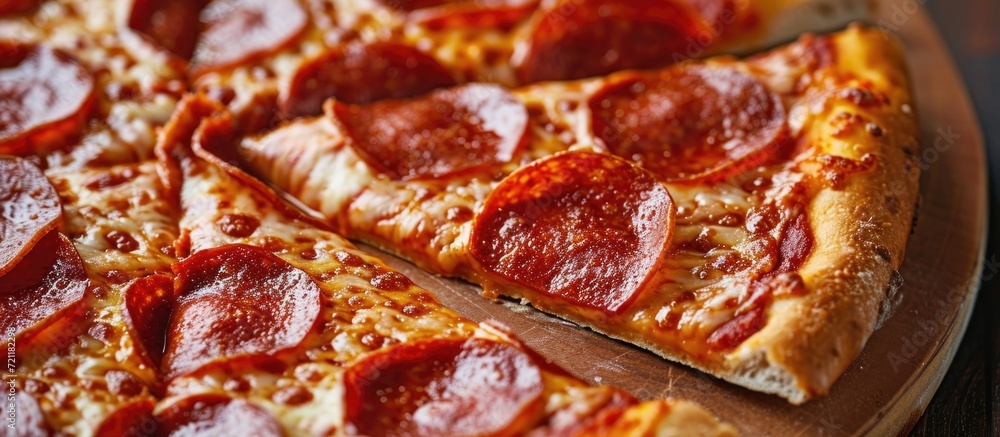 Pepperoni slices on pizza. Pepperoni slices on pizza.