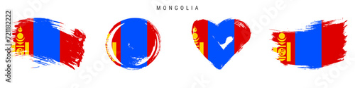 Mongolia hand drawn grunge style flag icon set. Mongolian banner in official colors. Free brush stroke shape, circle and heart-shaped. Flat vector illustration isolated on white.