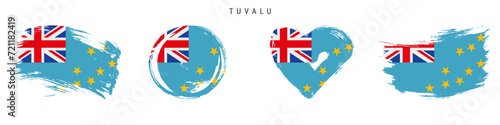 Tuvalu hand drawn grunge style flag icon set. Ellice Islands banner in official colors. Free brush stroke shape, circle and heart-shaped. Flat vector illustration isolated on white. photo