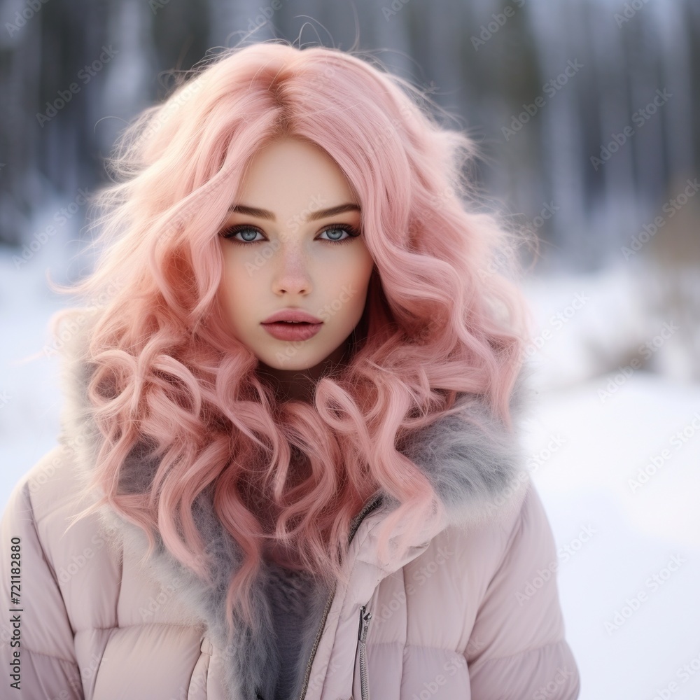 Winter Beauty: Woman with Pink Hair and Fur Coat Winter Beauty: Woman with Pink Hair and Fur Coat