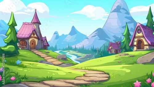 cartoon illustration landscape featuring mountains, a lake, greenery, and a stone path leading to small houses