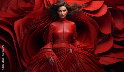 Red Elegance: Woman in Flowing Dress with Rose Petals