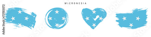 Micronesia hand drawn grunge style flag icon set. Micronesian banner in official colors. Free brush stroke shape, circle and heart-shaped. Flat vector illustration isolated on white. photo