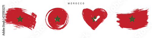 Morocco hand drawn grunge style flag icon set. Moroccan banner in official colors. Free brush stroke shape, circle and heart-shaped. Flat vector illustration isolated on white.