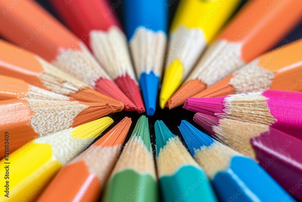 Education and back to school idea close up of color pencils pile