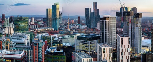 Aerial image of Manchester cityscape at dusk showing new urban developments photo