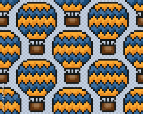 Seamless background with pixel hot air balloon.