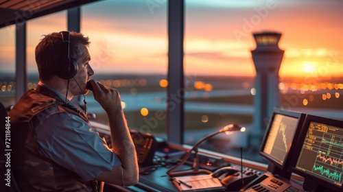 Male Air Traffic Controller with Headset Talk on a Call in Airport Tower. Office Room is Full of Desktop Computer Displays with Navigation Screens, Airplane Departure and Arrival Data for the Team. photo