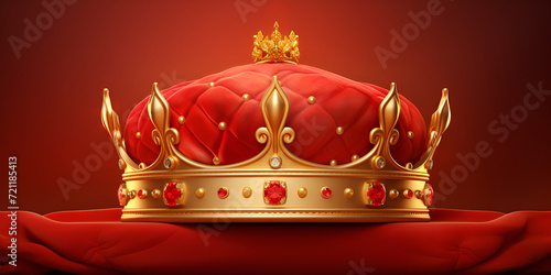 Royal golden crown with jewels on golden pillow on red background, 