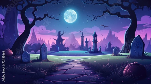 cartoon illustration eerie graveyard scene at dusk, highlighted by the silhouettes of bare trees and tombstones against a purple sky photo