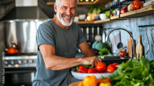 a man is smiling next to a table of vegetables and fruits