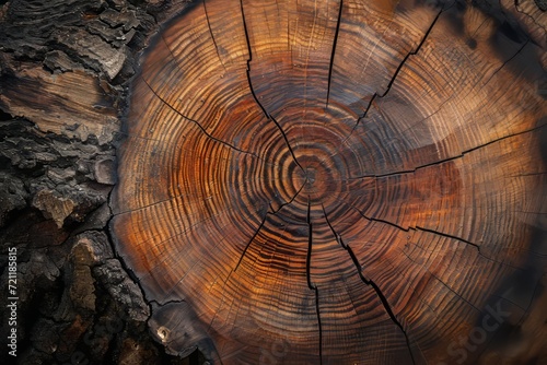 Close-Up of Tree Trunk Cross Section Revealing Growth Rings and Bark Texture photo