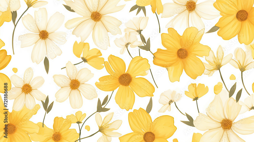  Yellow floral on white  background. Watercolor simple flowers. 