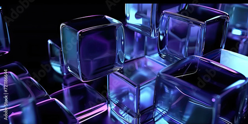 3d abstract modern blue glass cubes on black background, geometric background, transparent cubes photo
