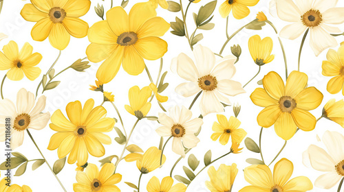  Yellow floral on white background. Watercolor simple flowers. © Planetz