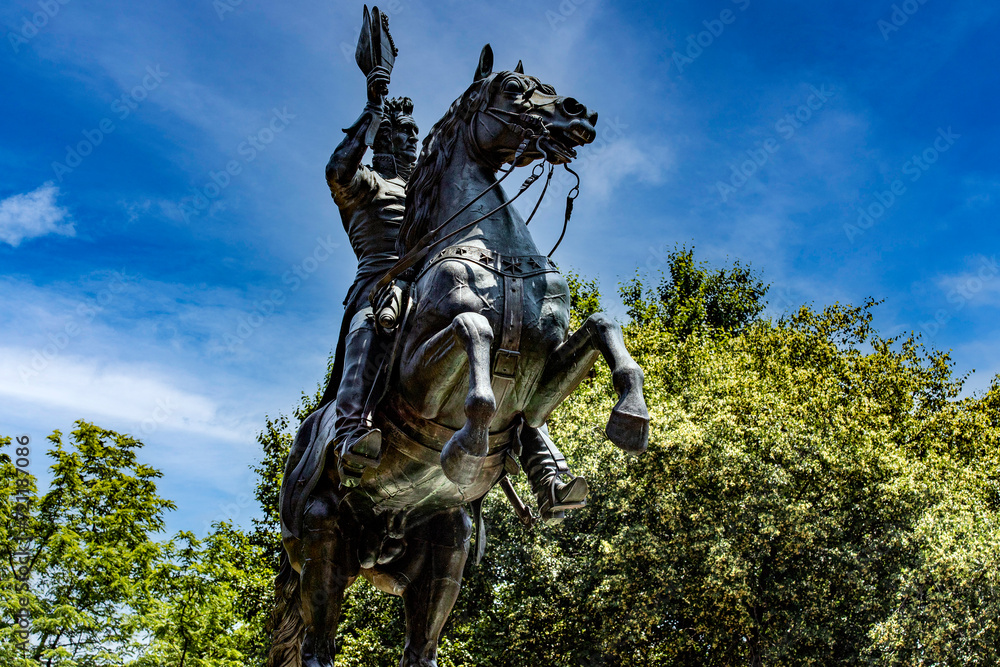 Bronze sculpture of Andrew Jackson on horseback in Lafayette Square in front of the White House in Washington DC, USA.