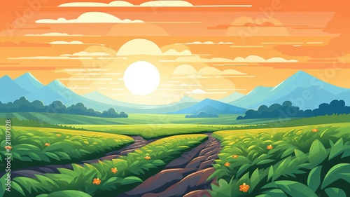cartoon illustration Paddy plantation, cascades farm in mount rocks with sun go down in beautiful orange cloudy sky