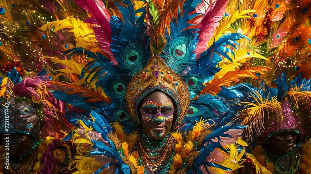 a person with a colorful face and feathers