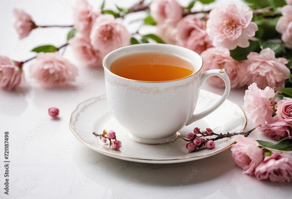 A cup of tea on a white background with flowers A cup of tea on a white background with flowers