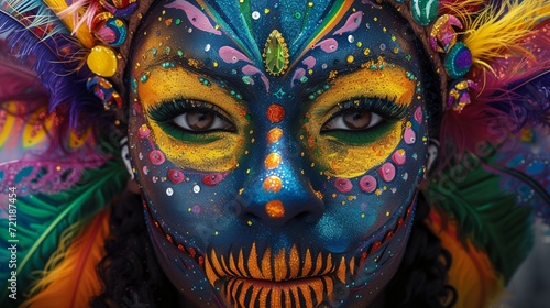 a person with a colorful face paint and feathers