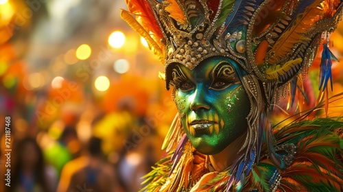 a person with a colorful face paint and feathers