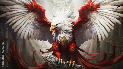 3D illustration of a garuda pancasila with red wings on a background of clouds, Indonesia Garuda, White red eagles. photo