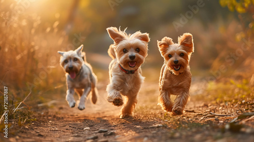 Three cute small dogs running on a field © Merab