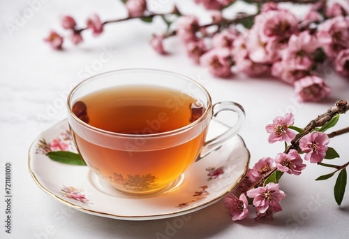A cup of tea on a white background with flowers