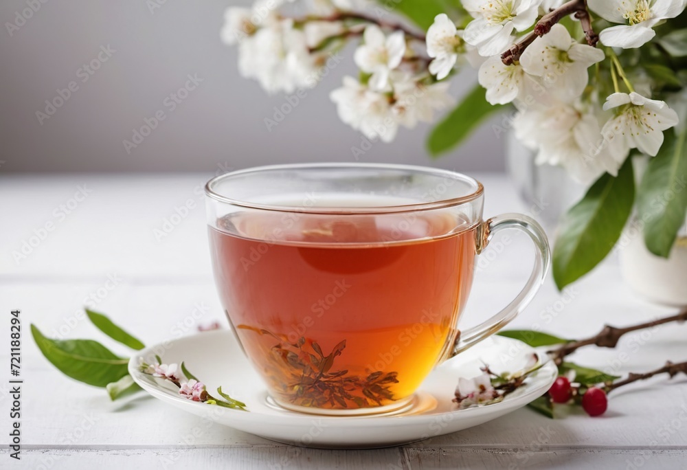 A cup of tea on a white background with flowers A cup of tea on a white background with flowers