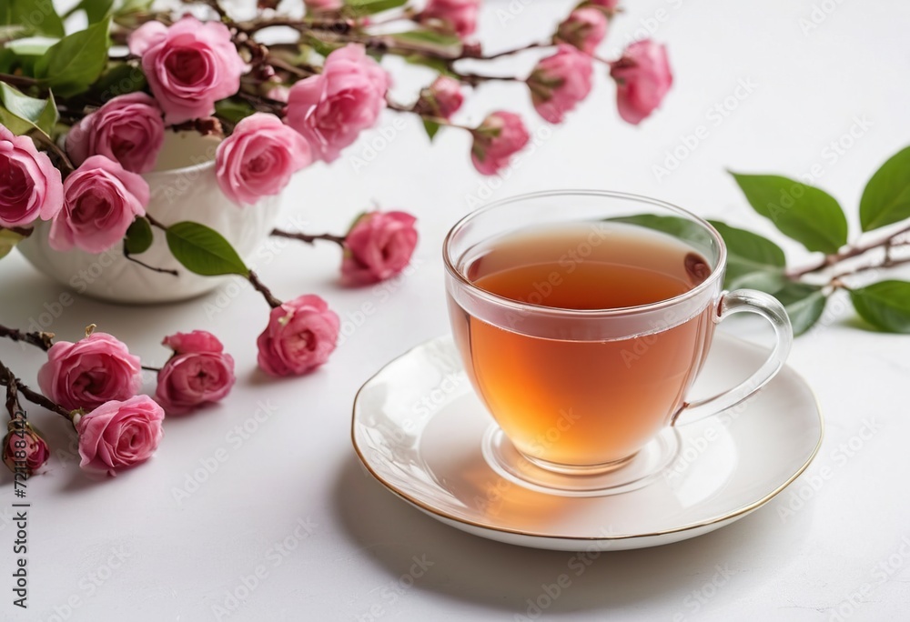 A cup of tea on a white background with flowers A cup of tea on a white background with flowers