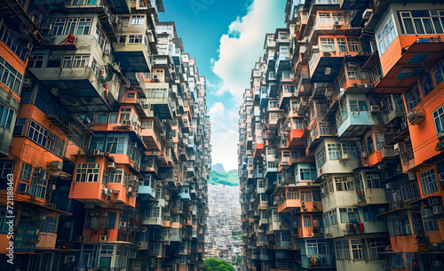 densely populated apartment buildings in Hongkong, China. Hong Kong is the most densely populated of the five boroughs of Hong Kong. photo