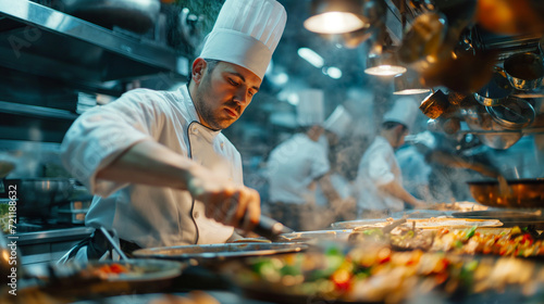 Ein professioneller Koch in der Küche am Herd bei der Zubereitung von einem Gourmet Essen Generative AI