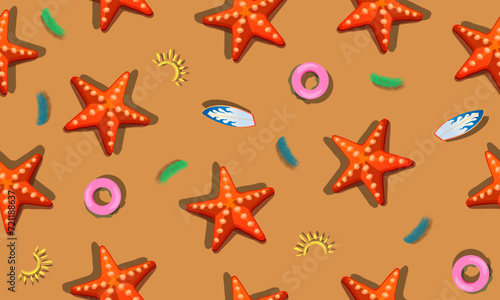 Seamless pattern of starfish with shadow on brown background.