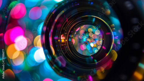  Close-up of Camera Lens with Colorful Bokeh Light Effects
