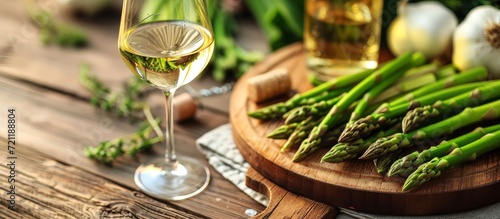 Elegant Asparagus and Wine on Wooden Table with Glass: A Perfect Trio of Asparagus, Wine, and Glass on a Stunning Wooden Table photo
