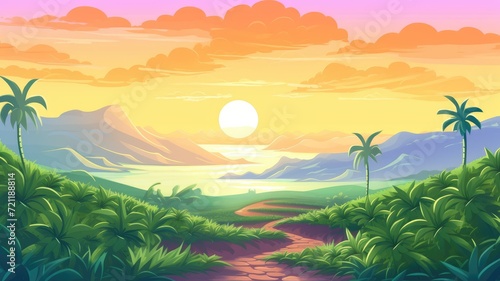 cartoon illustration Paddy plantation  cascades farm in mount rocks with sun go down in beautiful orange cloudy sky