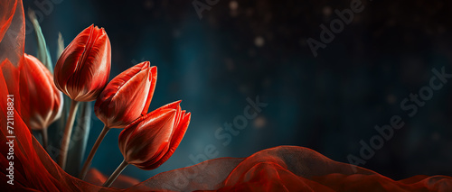 Tapeta w kwiaty, czerwone tulipany na ciemnym tle, puste miejsce 