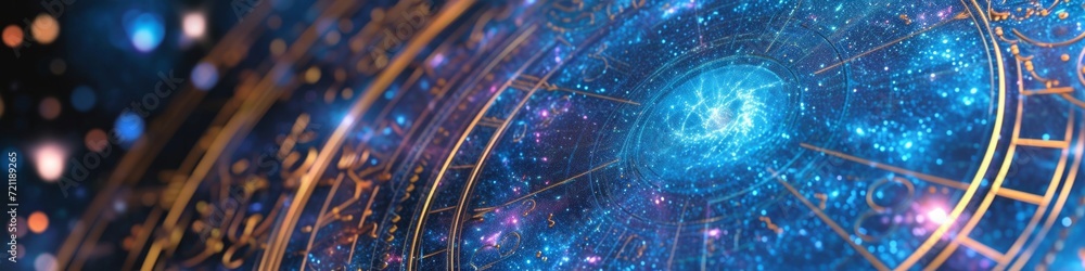 Fototapeta premium Zodiac signs inside of horoscope circle. Astrology in sky with many stars horoscopes concept.