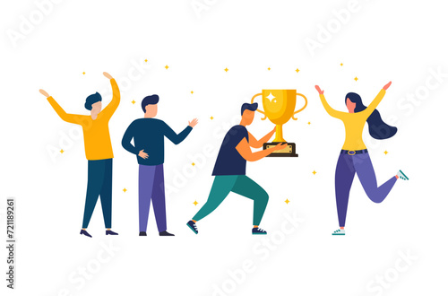 Vector illustration of people standing on the podium. The award ceremony, the prize for the best ball. The concept of teamwork. and achieving goals and rewards Business results