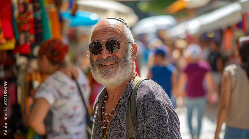 Smiling Elderly Man with Sunglasses at a Colorful Outdoor Market