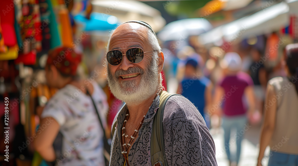 Smiling Elderly Man with Sunglasses at a Colorful Outdoor Market Smiling Elderly Man with Sunglasses at a Colorful Outdoor Market
