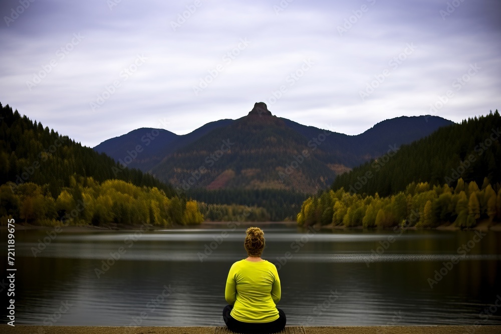 Tranquil woman enjoying peaceful meditation in the beautiful natural surroundings.