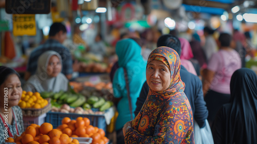 Traditional Market Bustle with Local Shoppers in Headscarves