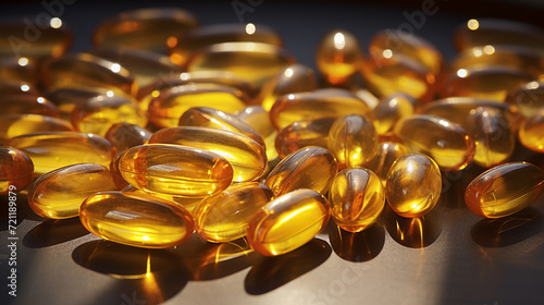 Omega-3 fish oil capsules on a dark wooden background. selective focus. Generative AI,