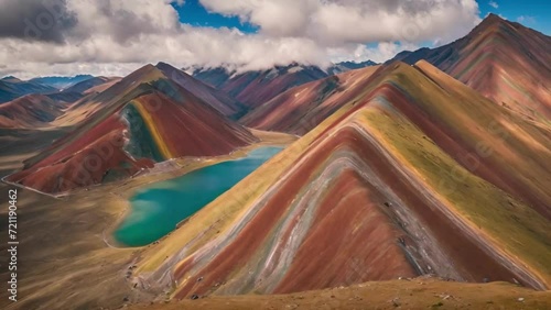 Drone Flying Towards Vinicunca Rainbow mountain in Peru. photo