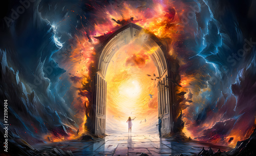 Mystical door to heaven with a man or woman standing at the entrance to a fantasy world background