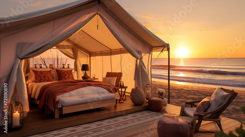 Luxurious Beachfront Glamping Tent at Sunset